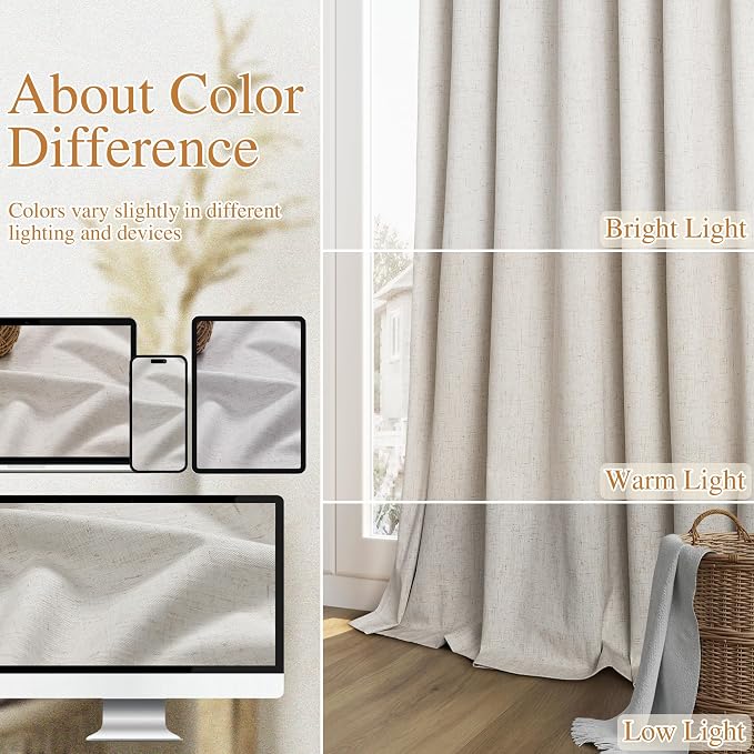 Guken Light Beige Linen 100% Blackout Curtains 96 Inches Long Floor to Ceiling - Image 7