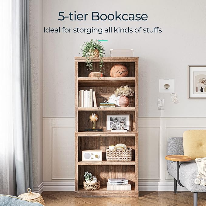 LINSY HOME 5-Shelf Bookcase, Bookshelves Floor Standing Display Storage Shelves 68 in Tall Bookcase Home Decor Furniture for Home Office, Living Room, Bed Room - Dark Brown