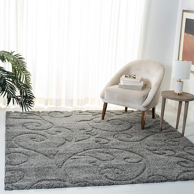 SAFAVIEH Florida Shag Collection Area Rug - 9' Square, Grey, Scroll Design, Non-Shedding & Easy Care, 1.2-inch Thick Ideal for High Traffic Areas in Living Room, Bedroom (SG455-8013)