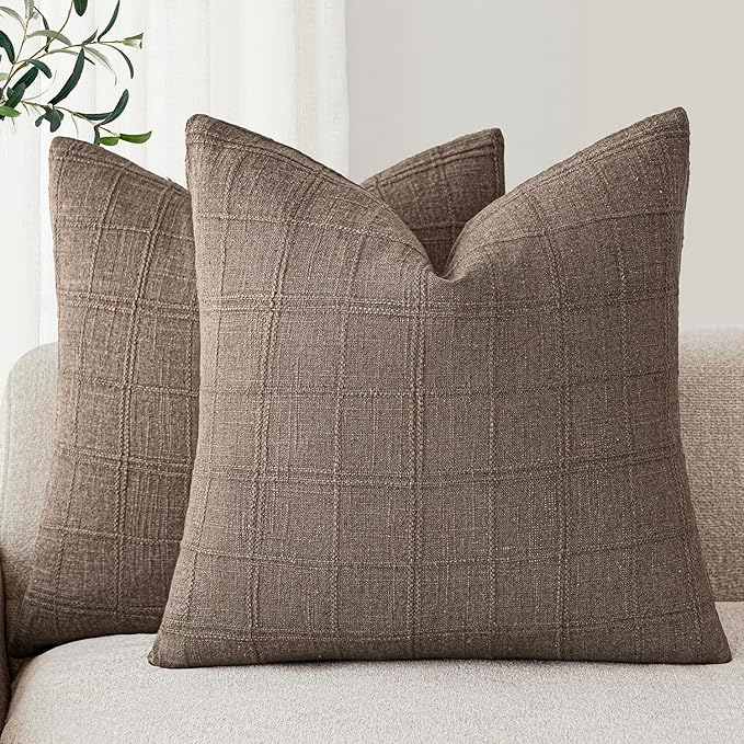 Foindtower Set of 2 Decorative Linen Check Throw Pillow Covers Neutral Farmhouse Vintage Cushion Covers Modern Boho Home Decor for Sofa Chair Couch Bedroom Living Room Outdoor,18×18 Inch,Taupe Grey