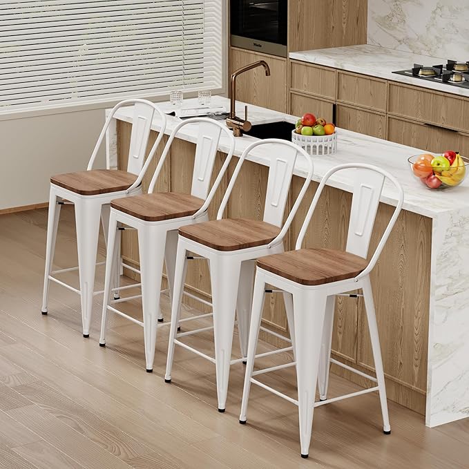 Changjie Furniture 24 Inches Metal Barstools Set of 4 Counter Height Bar Stools Industrial Stools with Backs High Back Chairs for Kitchen Island (24 Inch, White)