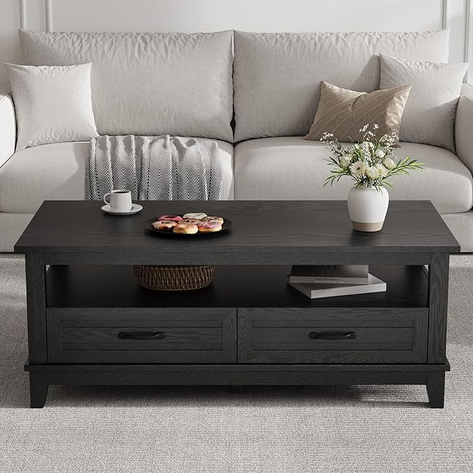 GarveeHome Farmhouse Coffee Table with Drawers, 47.2" Center Table Rustic Coffee Tables Black Living Room Table, with Open Shelf and 6 Support Legs