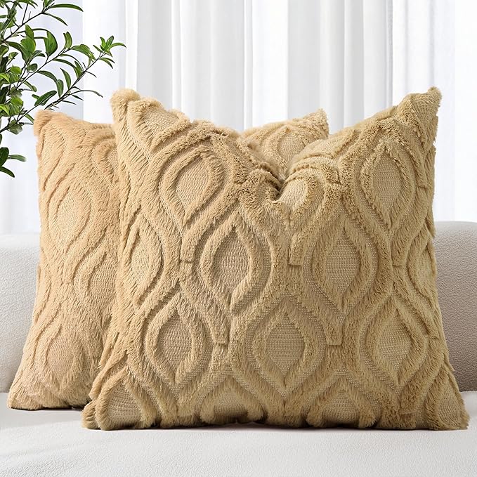 decorUhome Throw Pillow Covers 18x18 Inch Set of 2, Soft Plush Faux Wool Khaki by decorUhome