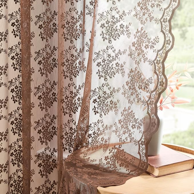YJ YANJUN Vintage Lace Curtains 63 Inch Length-Victorian Floral Brown Sheer by YJYANJUN