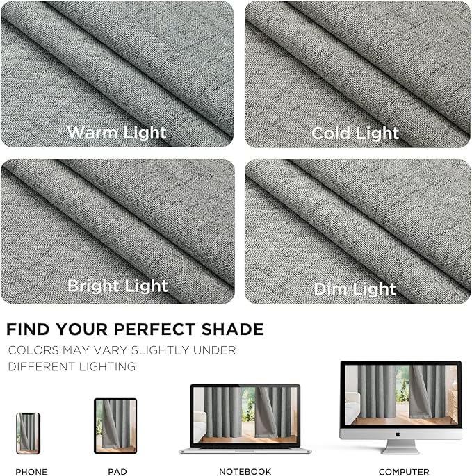 Joydeco 100% Blackout Curtains for Bedroom - Natural Linen Curtains 70" W x 90" L Long, Thermal Insulated 1 Panels Light Grey. Room Darkening Light Blocking Drapes for Living Room