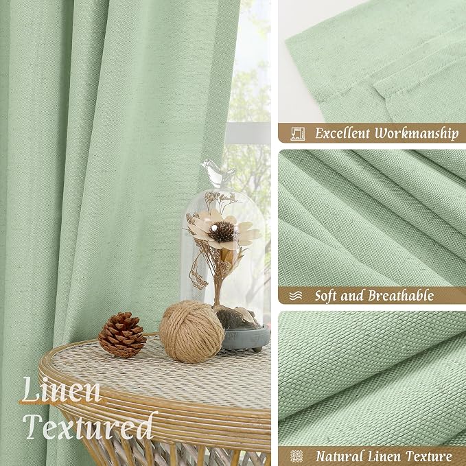 LAMIT 48 Inch Length Linen Curtains 2 Panels, Light Green Soft Faux Linen Light - Image 7