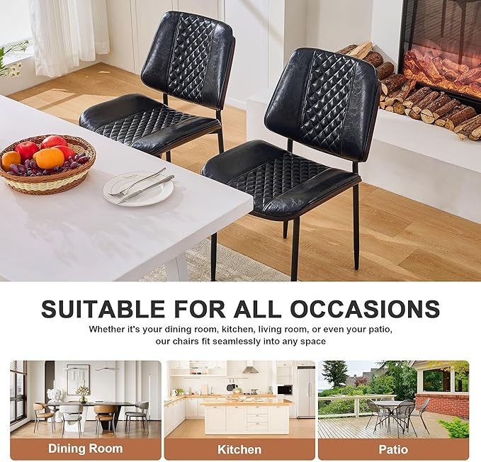 Dining Chairs Set of 6, Upholstered PU Leather Armless Chair, Mid Century Modern Dining Room Chairs, Retro Walnut Bentwood Kitchen Chair with Metal Legs and Adjustable Feet, Black