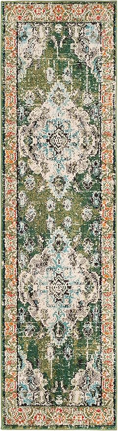 SAFAVIEH Monaco Collection 2'2" x 22' Forest GreenLight Blue MNC243F Boho Chic Medallion Distressed Non-Shedding Living Room Bedroom Runner Rug