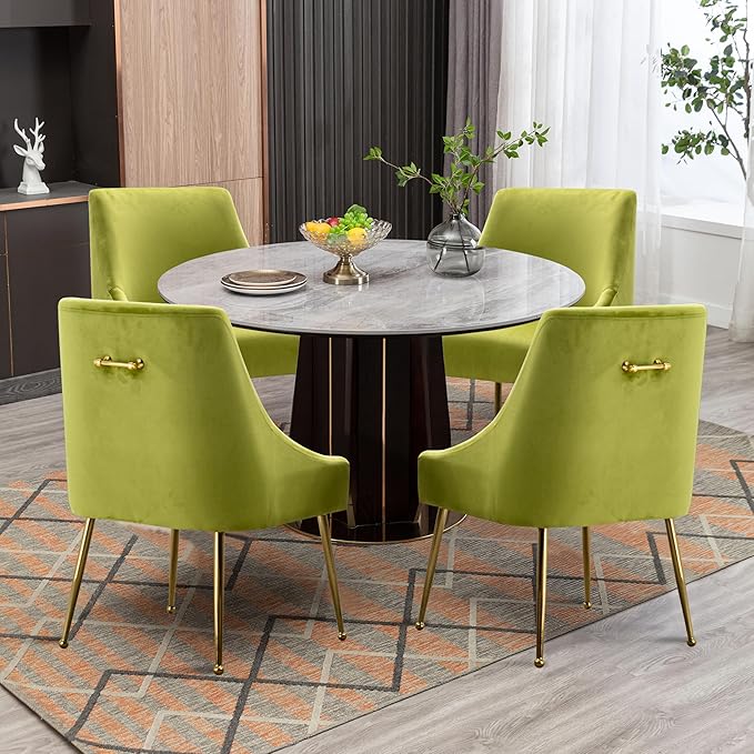 Modern Velvet Dining Chairs Set of 6, Contemporary Upholstered Furniture Collection with Polished Gold Metal Legs, Elegant Accent Chairs for Kitchen Living Room(Yellow Green)