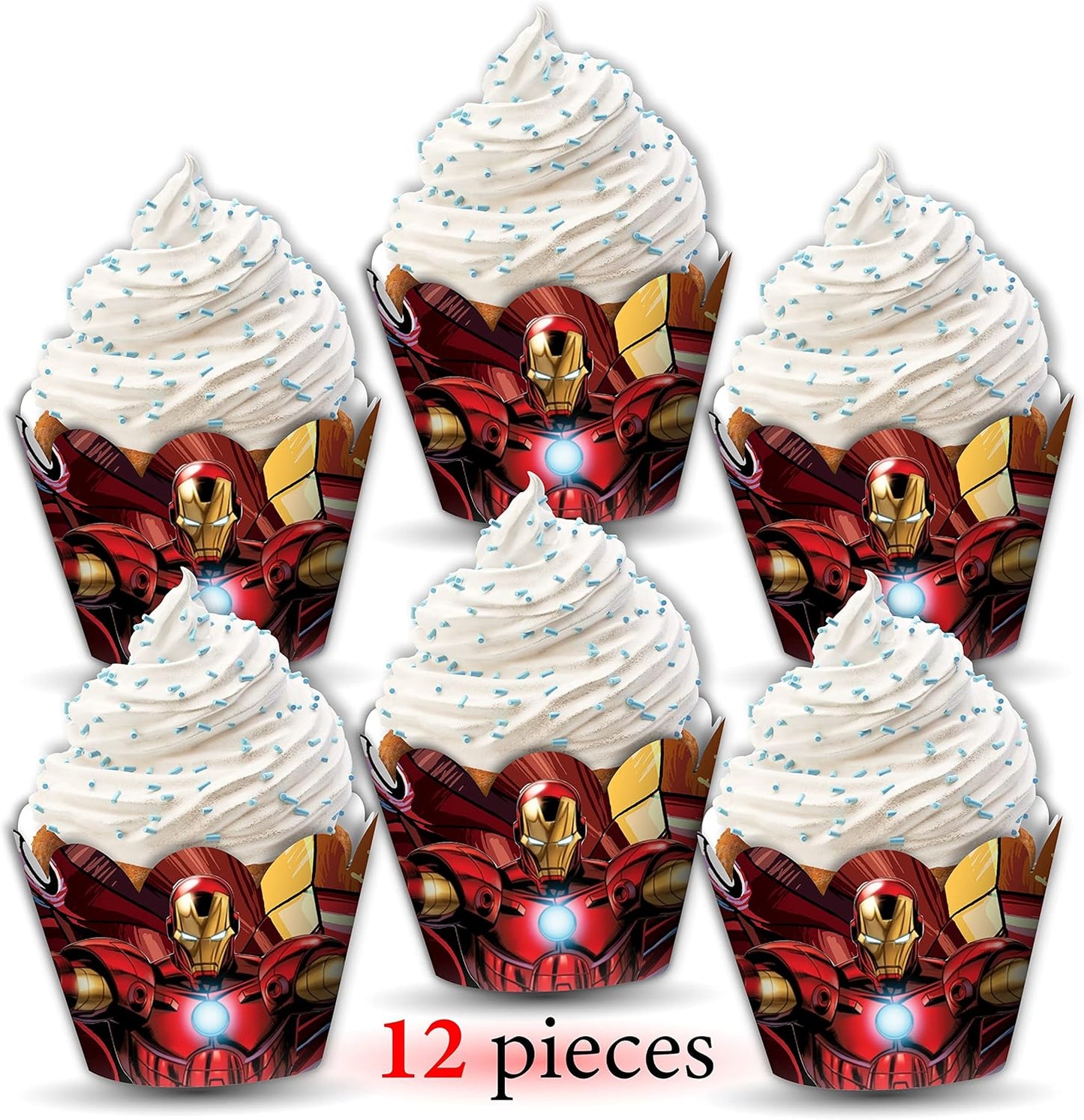 "Irn Man Cupcake Wrapper – Theme Birthday Party Supplies – Cartoon Inspired Cupcake Decoration Wraps for Birthday, Baby Shower, School Events, and Themed Parties"