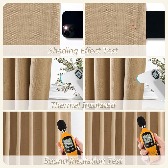 Guken Camel Brown 100% Blackout Linen Curtains 90 Inch Length 2 Panels Set - Image 5