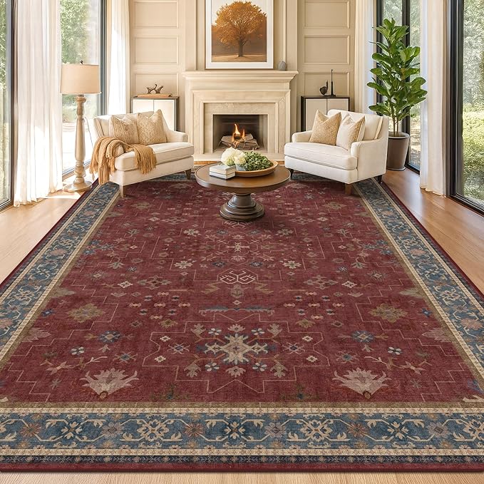 Moroccan Big Rugs for Living Room - Dark Red 10 x 14 Area Rug for Large Bedroom, Dining Room, Washable Lightweight Low Pile Foldable Oriental Burgendy Home Décor