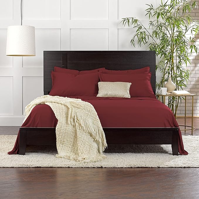 Full Sheets by Pure Bamboo, Genuine 100% Organic Viscose Derived from Bamboo Bed Sheet Set, Luxuriously Soft & Cooling, Double Stitching, Lifetime Quality Promise (Full, Merlot)