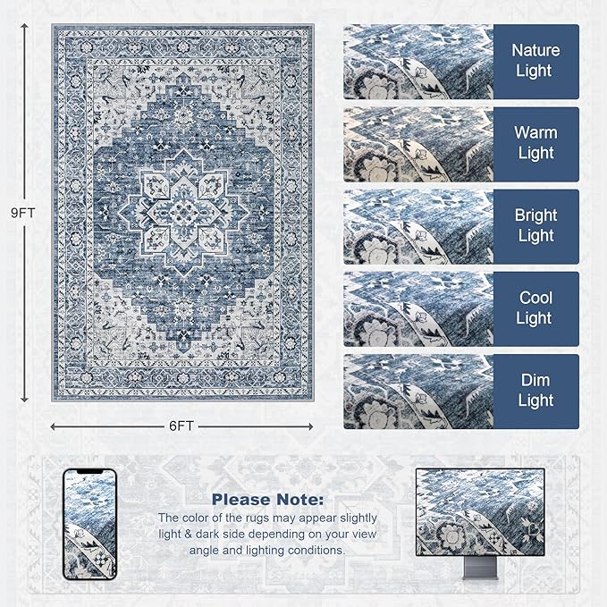 6x9 Area Rugs Living Room Rug: Washable Vintage Boho Medallion Rug No Slip - Image 2