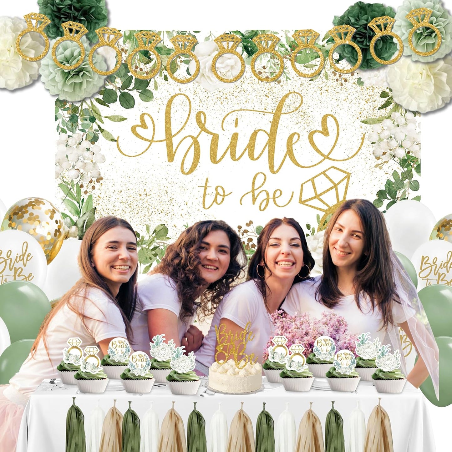 Sage Green Bridal Shower Decorations,Bachelorette Party Decorations, Bride to Be Backdrop, Bridal Shower Balloons, Paper Pom Poms Bride to Be Party Supplies for bridal shower