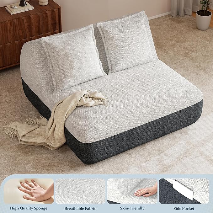 Hobestluk Small Sofa Couch Lounge Sofa Chair for Living Room, Comfy Memory Foam Couch, Mini Sofa with Side Pocket for Living Room, Bedroom (Grey+Beige)