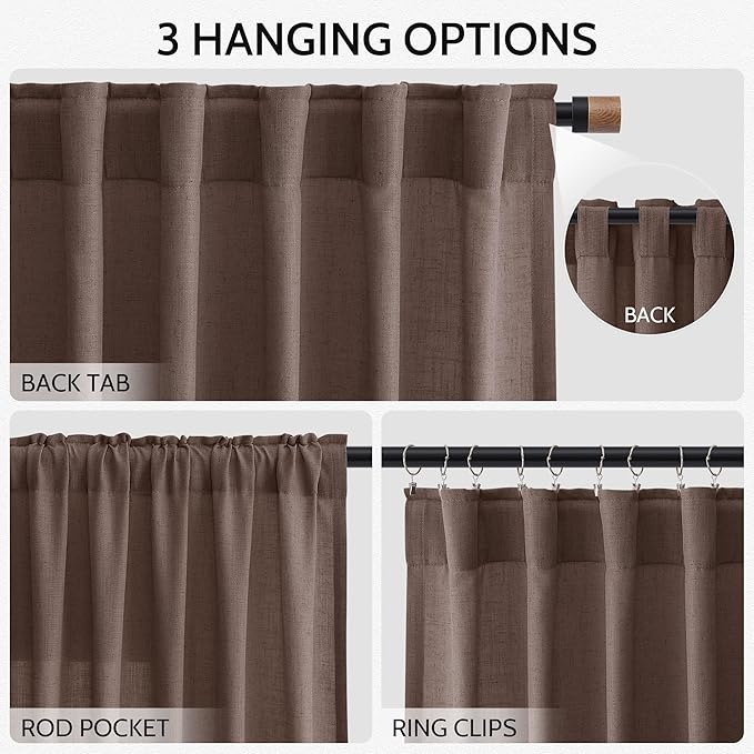 Nanspring Cappuccino Linen Blend Light Filtering Back Tab Curtains 96 Inches - Image 3
