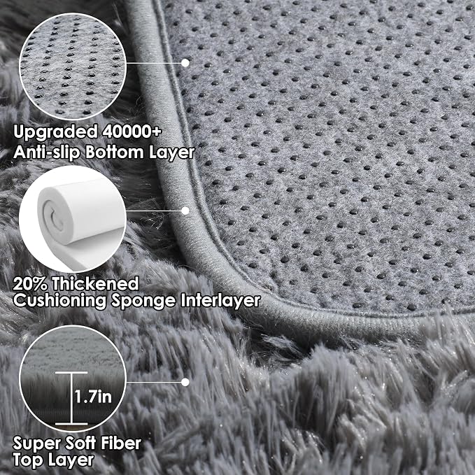 ONASAR Grey Area Rugs for Bedroom Living Room, Fluffy Fuzzy Shag Shaggy 4x6 - Image 3