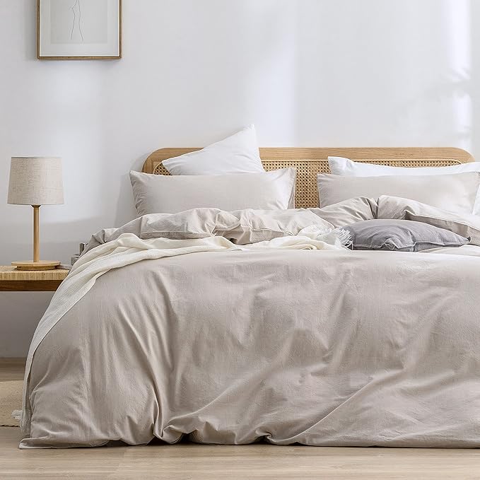 BESTOUCH Duvet Cover Set 100% Washed Cotton Linen Feel Super Soft Comfortable Chic Lightweight 3 PCs Home Bedding Set Solid Linen Grey Oversized Queen