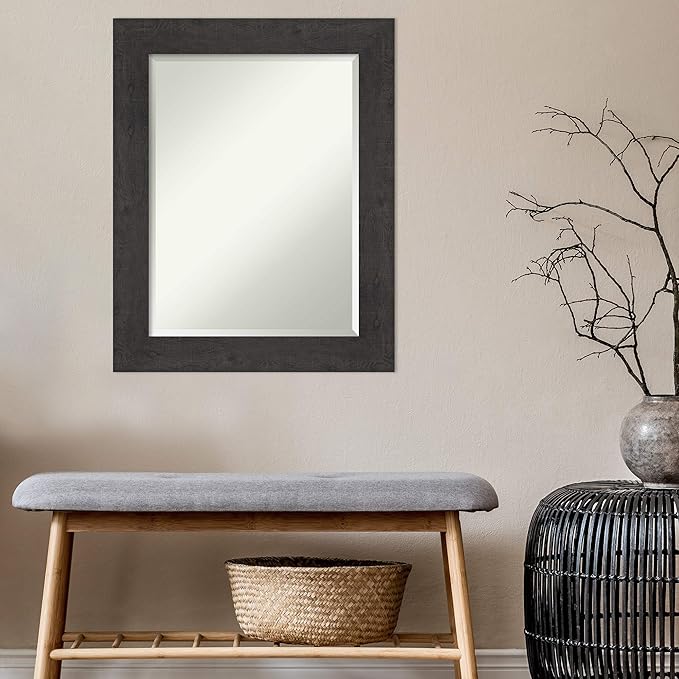 Amanti Art Brown Bathroom Mirror for Over Sink, 30x24 Rustic Plank Espresso Rectangle Vanity Mirror, Medium Rustic Farmhouse Frame, Hangs Horizonally and Vertically, Bathroom Wall Decor, Beveled Edge