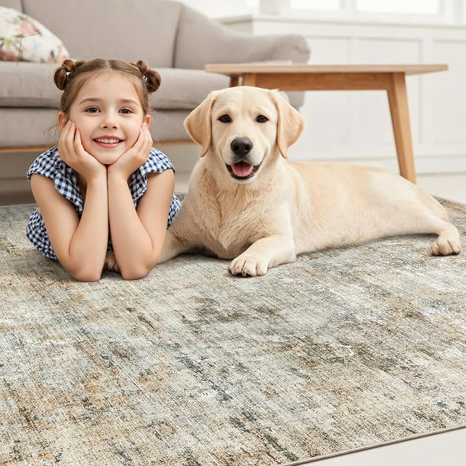 Abstract Rug 5x7 Machine Washable Area Indoor Orange Low Pile Non-Slip Foldable - Image 8