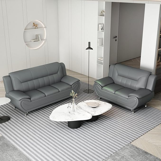 Container Furniture Direct Michael Modern Faux Leather Upholstered Stainless Steel Legs Living Room Sofa, Sleek Gray