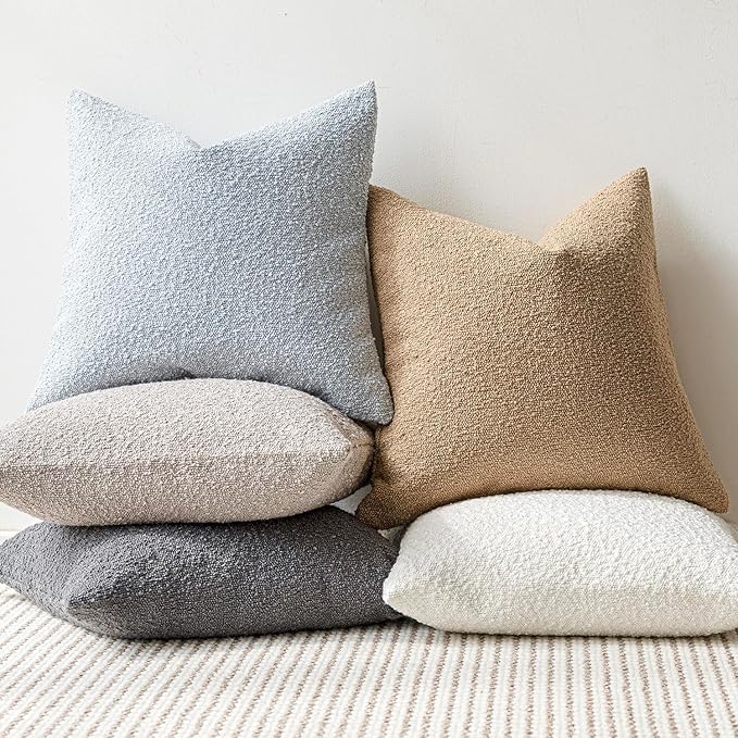 Foindtower Pack of 2 Modern Textured Boucle Throw Pillow Covers Accent Solid Decorative Pillow Cases Cozy Woven Couch Cushion Case for Chair Sofa Bed Living Room Home Decor, 22 x 22 Inch, Light Blue