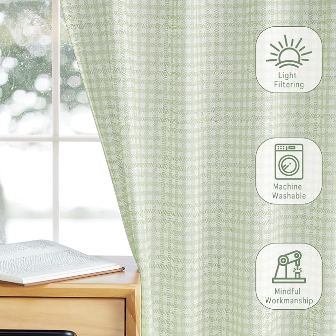 RYB HOME Gingham Cafe Curtains 24 inch Length, Linen Checkered Vintage - Image 6