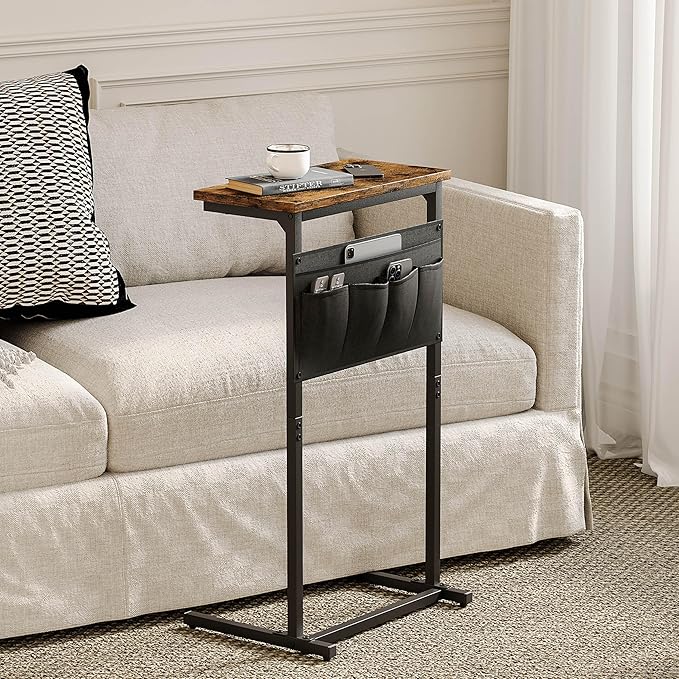 C Shaped End Table, Side Table for Sofa, Small TV Tray, Couch Table with Storage Bag for Small Space, Living Room, Bedroom, Home Office LET501R (Rustic Brown)
