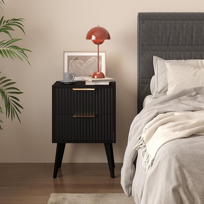 Fluted Nightstand with 2 Drawers,Modern Bedside Table with Metal Handles,White Side Table with Solid Wood Legs,Mid Century End Table for Living Room,Bedroom,Black CTG55BK