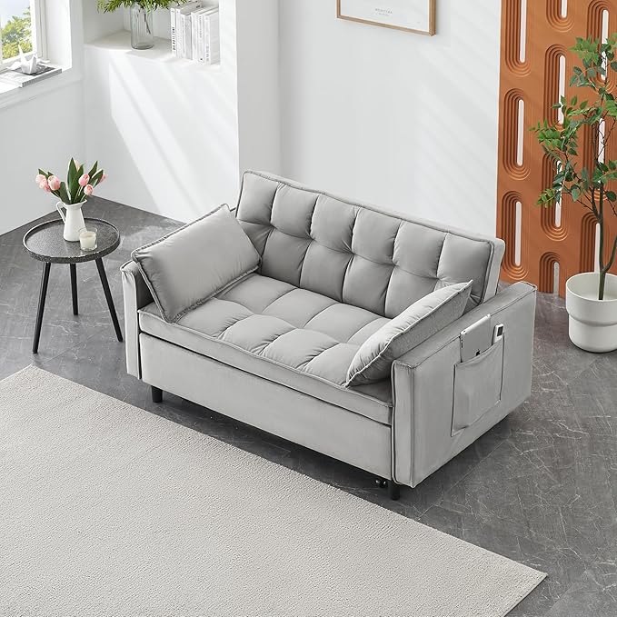 Ball & Cast Velvet Futon Sofa Couch with Pull-Out Bed,3 in 1 Convertible Sleeper Sofa Bed,Convertible Pull Out Couches W/2 Pillows,Adjustable Backrest & Side Pocket,for Living Room,Apartment,Gray,55"