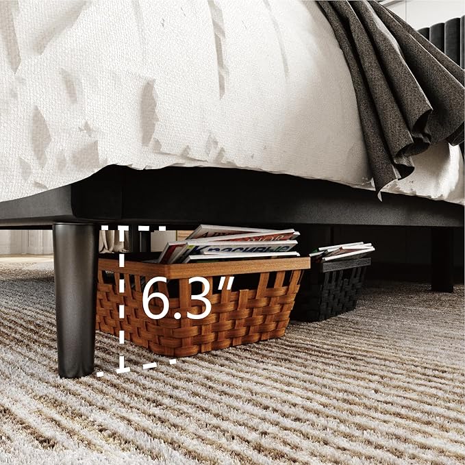 Queen Size Bed Frame with Velvet Upholstered Headboard, Platform Bed with Strong Wood Slats, Mattress Foundation, Box Spring Optional, Easy Assembly, Black
