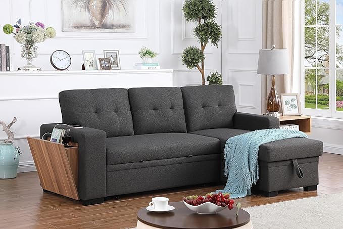 Devion Furniture Maison 4-in-1 Convertible L Shaped Couch with Pull Out Bed and Storage, Sectional Sleeper Sofa with Reversible Chaise for Living Room, Apartment, Bedroom, Office