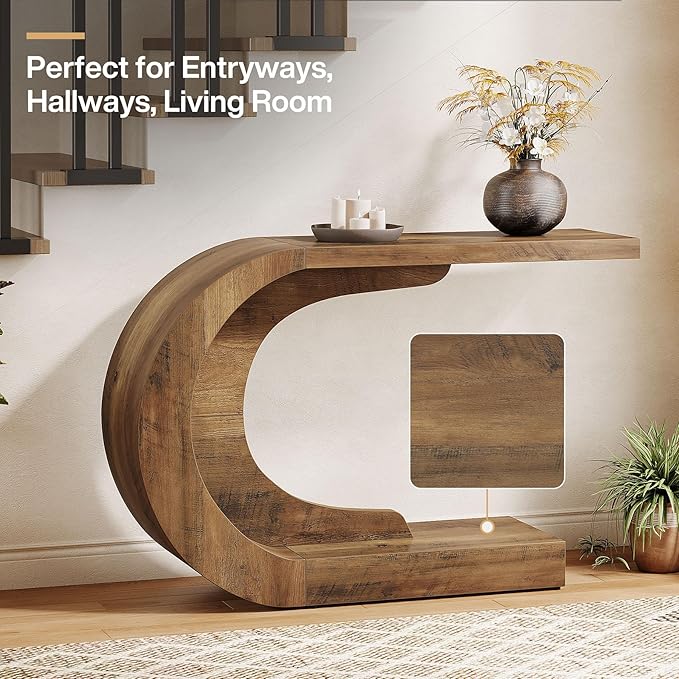 Tribesigns 43.3" Mid-Century Modern Console Table for Entryway, Wood C-Shaped Hallway Entry Accent Table for Living Room, Entrance, Foyer, Easy Assembly, Brown