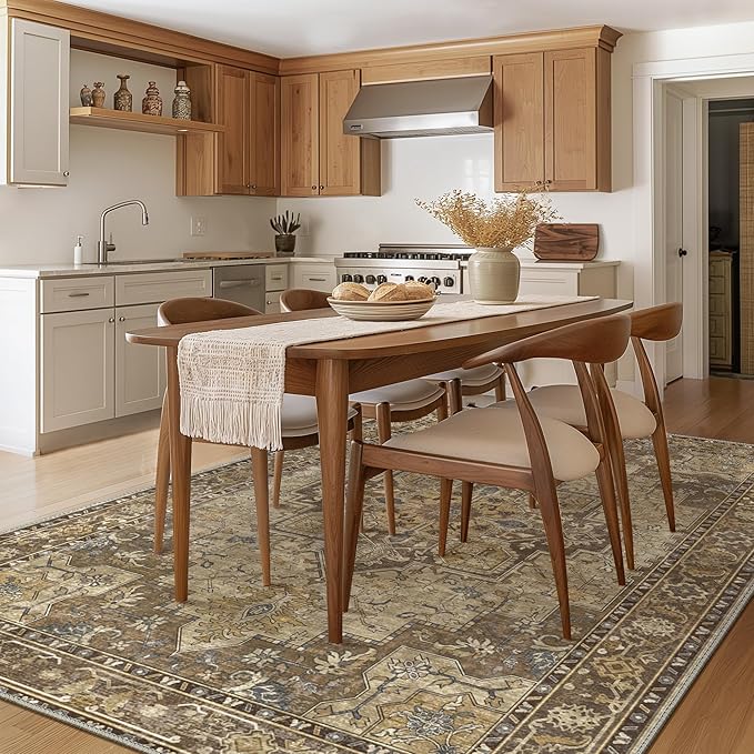 GENIMO 7'6''x9'6'' Area Rugs for Living Room, Machine Washable Non Slip Vintage Rugs, Low Pile Lightweight Chenille Print Rug for Bedroom, Dining Room, Home Office, Rustic Brown