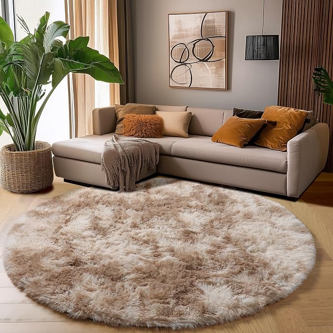 Amdrebio Tie-Dyed Beige Tan Round Circle Area Rug 5Ft - Image 3