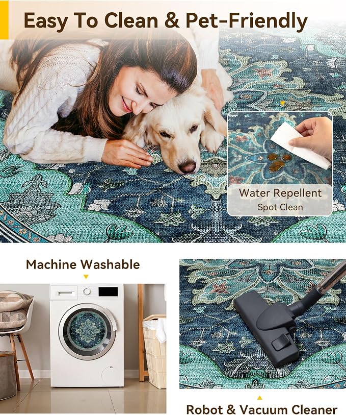 RELEANY Area Rugs 8ft Washable Non-Slip, Floral Vintage Distress Print Pattern - Image 5