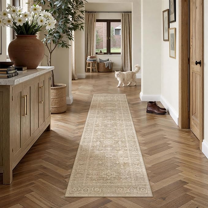 2x8 Washable Runner Rug for Hallway Kitchen Vintage Beige Non Slip Low Pile by WondRg