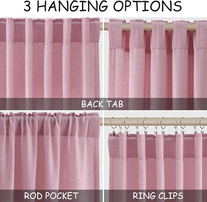 Nanspring Rose Linen Curtains 102 Inches Long 2 Panel Set Back Tab Rod Pocket - Image 2