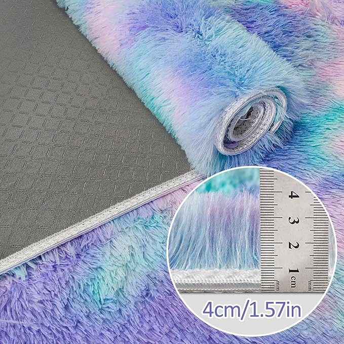 Super Soft Fluffy Living Room Area Rug 2x6 ft Purple Rainbow Tie-Dyed Shaggy - Image 5
