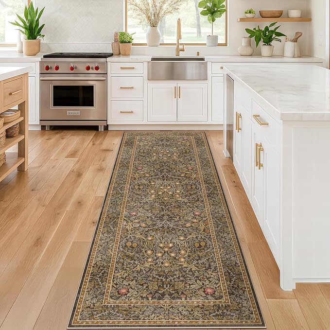 Washable Runner Rug Non Slip 2x6, Laundry Room, Bedroom Bedside, Vintage Floral by HazoHaus