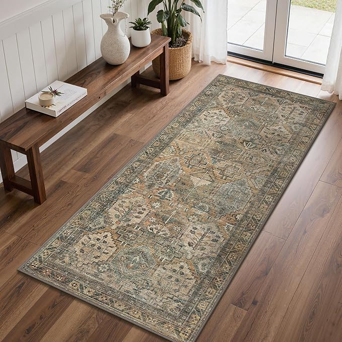 GENIMO 2x12 Runner Rugs for Hallway, Machine Washable Non Slip Vintage Rugs, Low Pile Lightweight Soft Print Rug for enrtyway, Corridor, Home Office, Kitchen, Warm Taupe