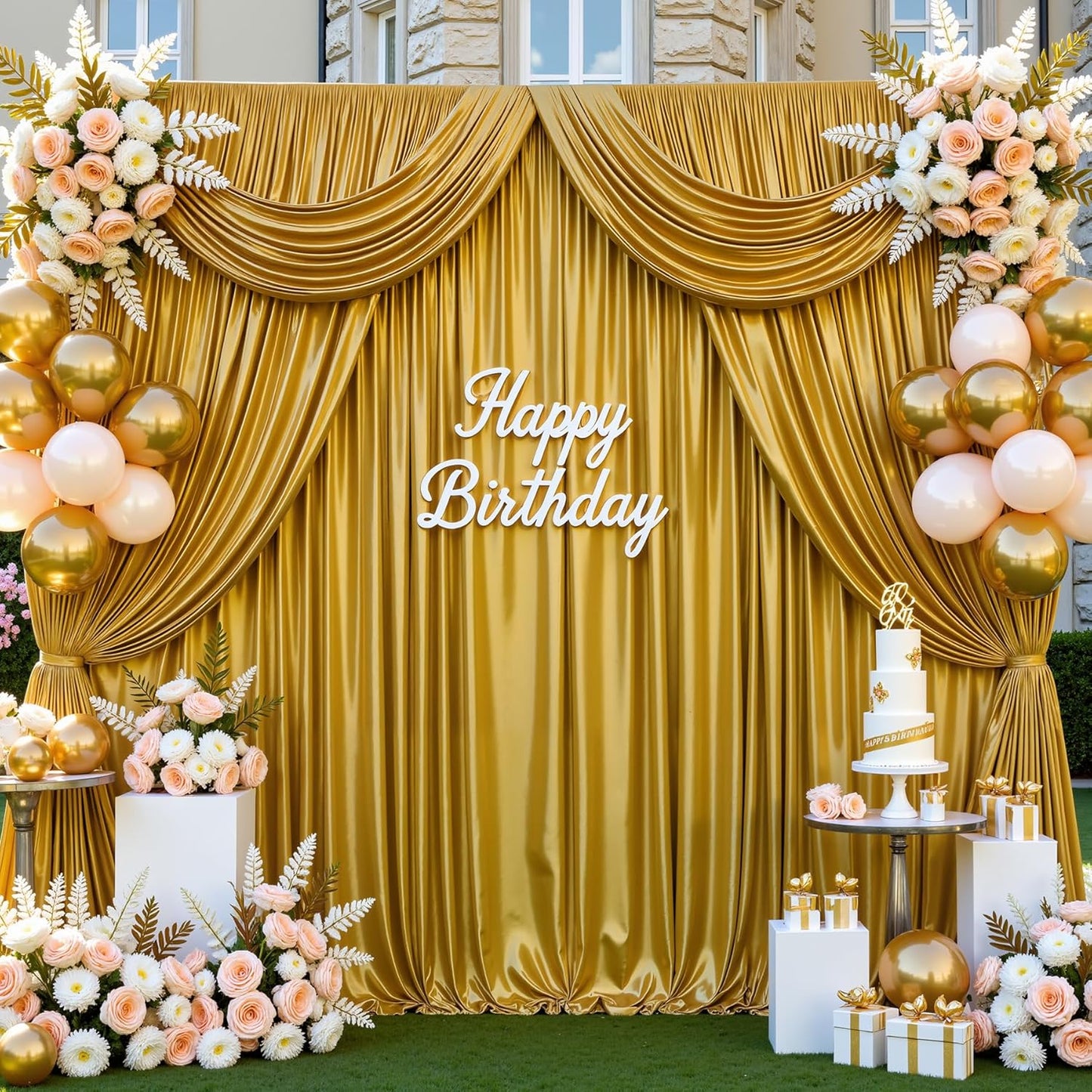 Golden Brown Satin Backdrop Curtains 2 Panels - Glitter Photo Drapes for Baby Shower, 10x10FT Shimmer Back Drop Cloth, Wrinkle Free for Golden 50th Birthday Party Decorations