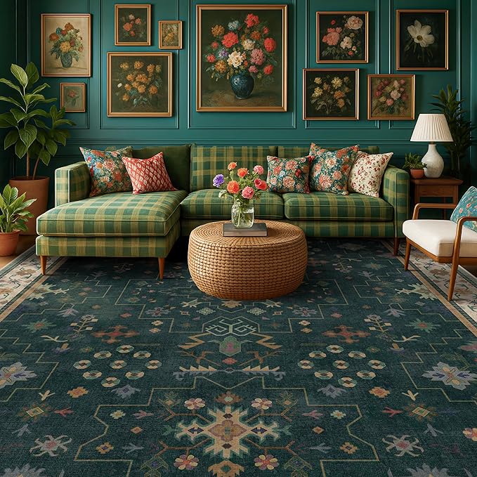 Dark Green Vintage Living Room Rug 9x12 - Boho Unique Floral Victorian Decor, Washable Low Pile Non-Slip Extra Large Area Rugs for Dining Under Table Bedroom