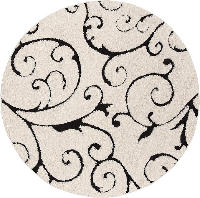SAFAVIEH Florida Shag Collection 11' Round Ivory / Black SG455 Scrolling Vine Graceful Swirl Textured Non-Shedding Living Room Bedroom Dining Room Entryway Plush 1.2-inch Thick Area Rug