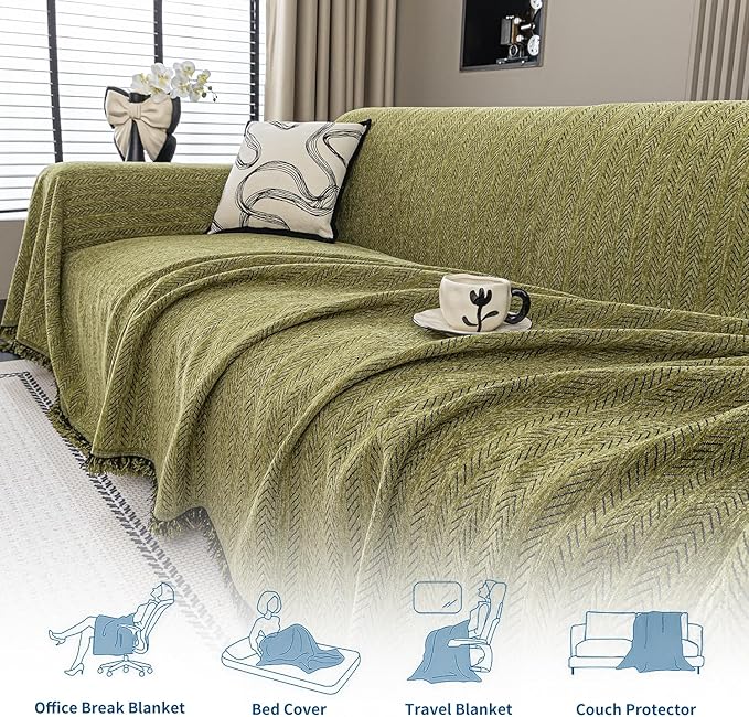 Nobildonna Sofa Cover Washable Soft Thicken Chenille Couch Cover with Tassel,Waterproof Sofa Slipcover for 3-4 Cushion Couch,Sectional Sofa,L-Shaped Furniture Protector Pet-Friendly,Green 71"x134"