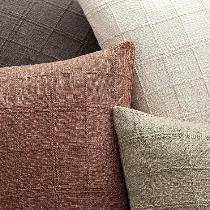 Foindtower Set of 2 Decorative Linen Check Throw Pillow Covers Neutral Farmhouse Vintage Cushion Covers Modern Boho Home Decor for Sofa Chair Couch Bedroom Living Room Outdoor,24×24 Inch,Autumnal Red