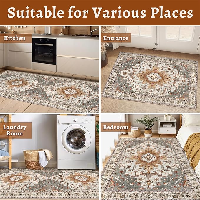 Tangsoo 2x6 Washable Runner Rug for Hallways, Non Slip Vintage Rugs, Soft Low Pile Long Rug, Print Distressed Turmeric Carpet Runners for Kitchen Bedroom Entryway Bathroom Living Room