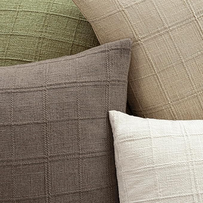Foindtower Set of 2 Decorative Linen Check Throw Pillow Covers Neutral Farmhouse Vintage Cushion Covers Modern Boho Home Decor for Sofa Chair Couch Bedroom Living Room Outdoor,16×16 Inch,Taupe Grey