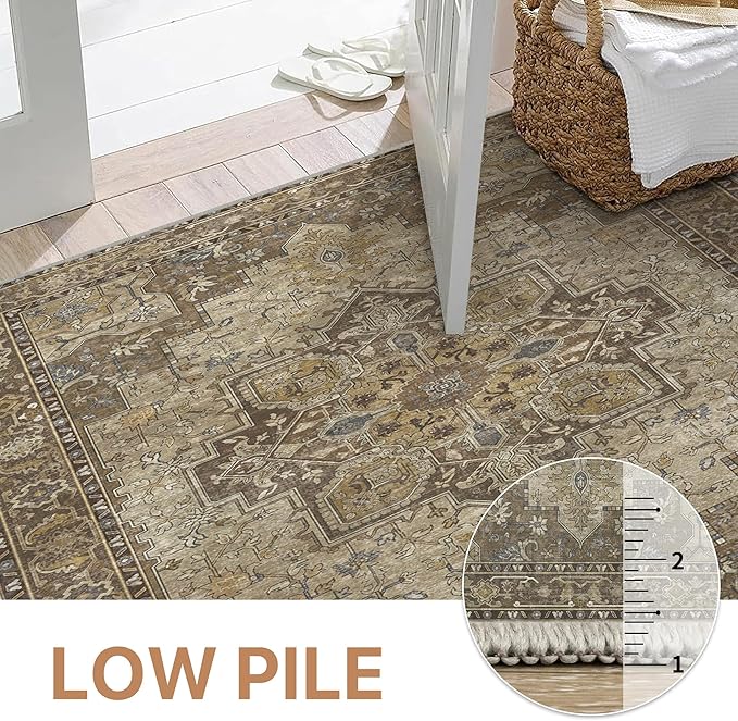 GENIMO 7'6''x9'6'' Area Rugs for Living Room, Machine Washable Non Slip Vintage Rugs, Low Pile Lightweight Chenille Print Rug for Bedroom, Dining Room, Home Office, Rustic Brown